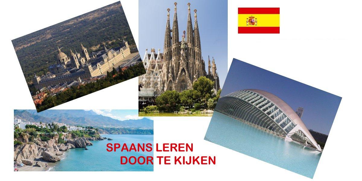 Afbeeldingen van gekende Spaanse steden met de tekst: Spaans leren met beelden.